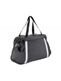 Schwarze Sporttasche mit 40L Volumen, Schultergurt und Tragegriffen, Hauptfach mit Reißverschluss und mehreren Fächern